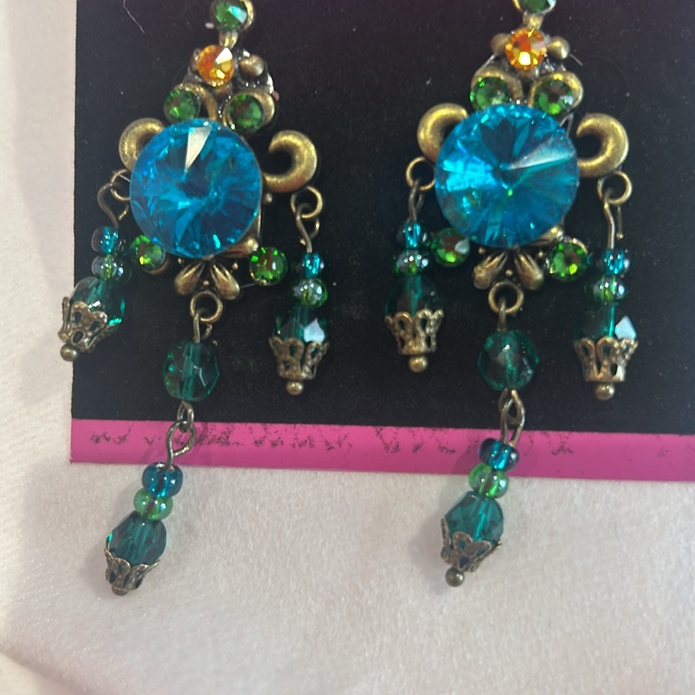 Antiqued Gold With Blue Zircon & Teal Crystal Earrings- Boutique